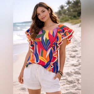 Artsy Tropical Top XL Ruffles Swiss Dot Boho Whimsical Resort Wear Soft Girl